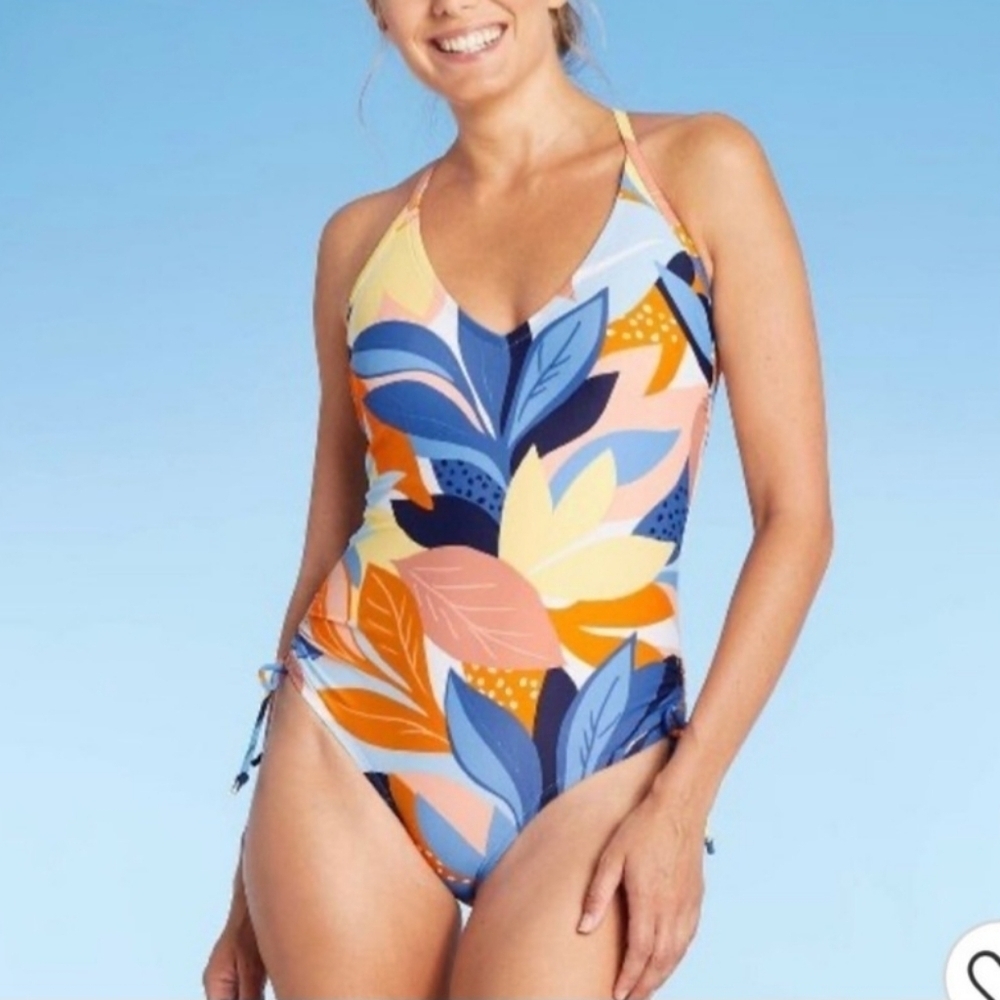 Large Tropical Side Drawstring Razorback Adjustable Straps One Piece Swimsuit